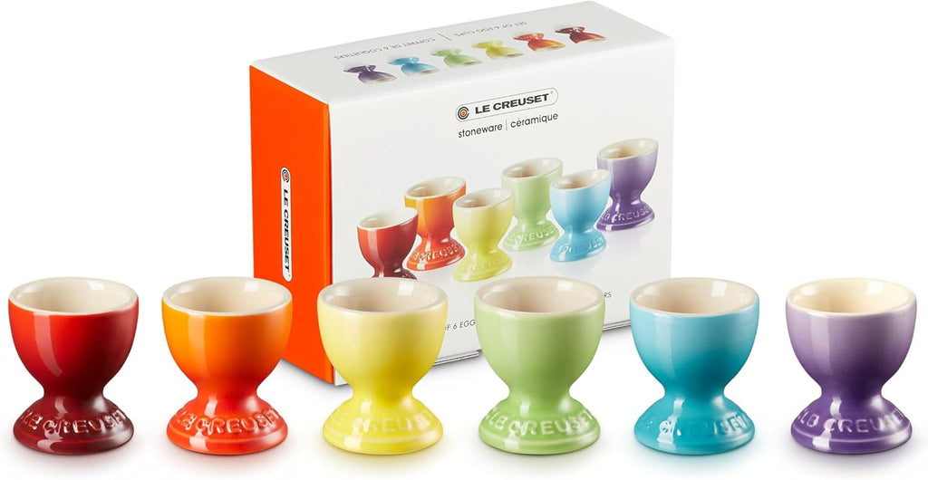 Le Creuset Stoneware Rainbow Egg Cups, Set of 6, Cerise, Volcanic, SoleiLitre, Palm, Teal and Ultra Violet