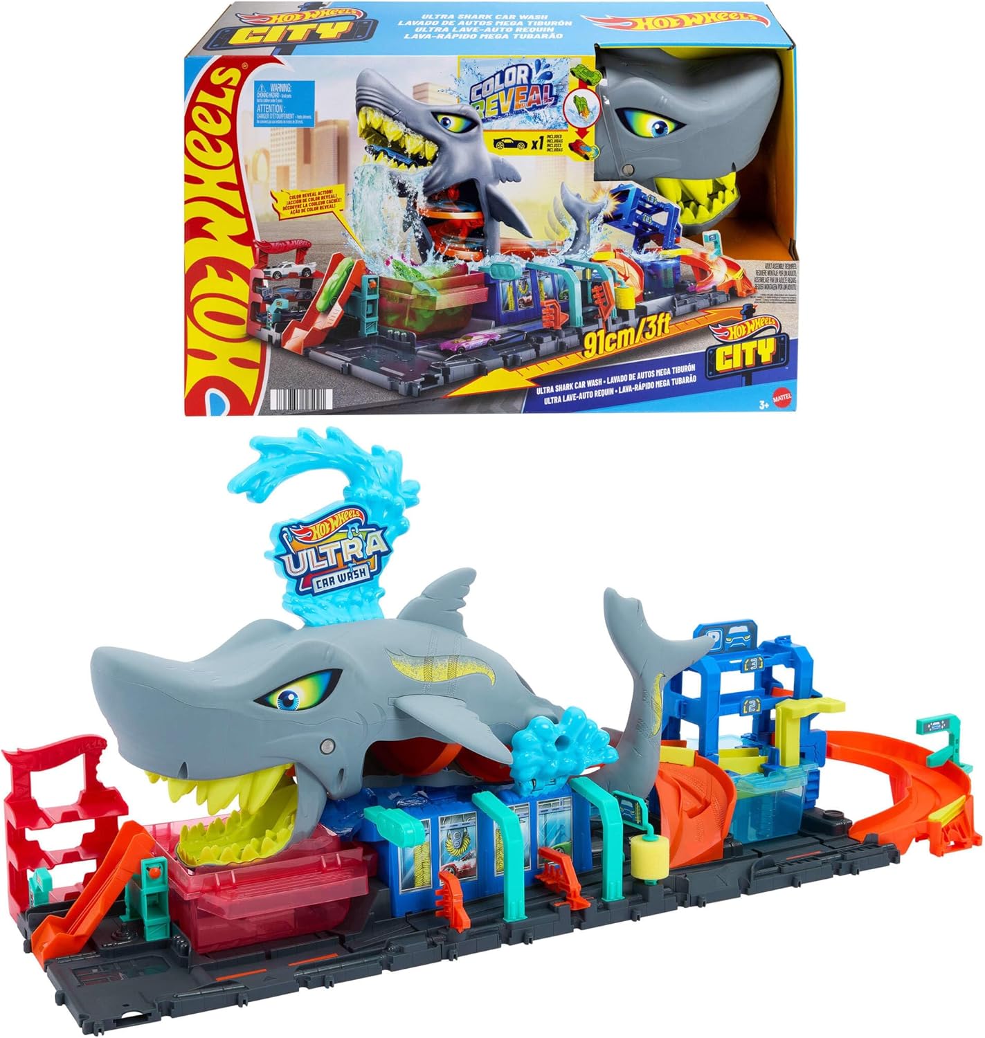 Hot Wheels City Ultra Shark Car Wash & Color Reveal Toy Vehicle | Includes 1:64 Scale Car with Surprise Initial Deco Reveal & Repeat Color Changes in Icy Cold or Very Warm Water, HTN82