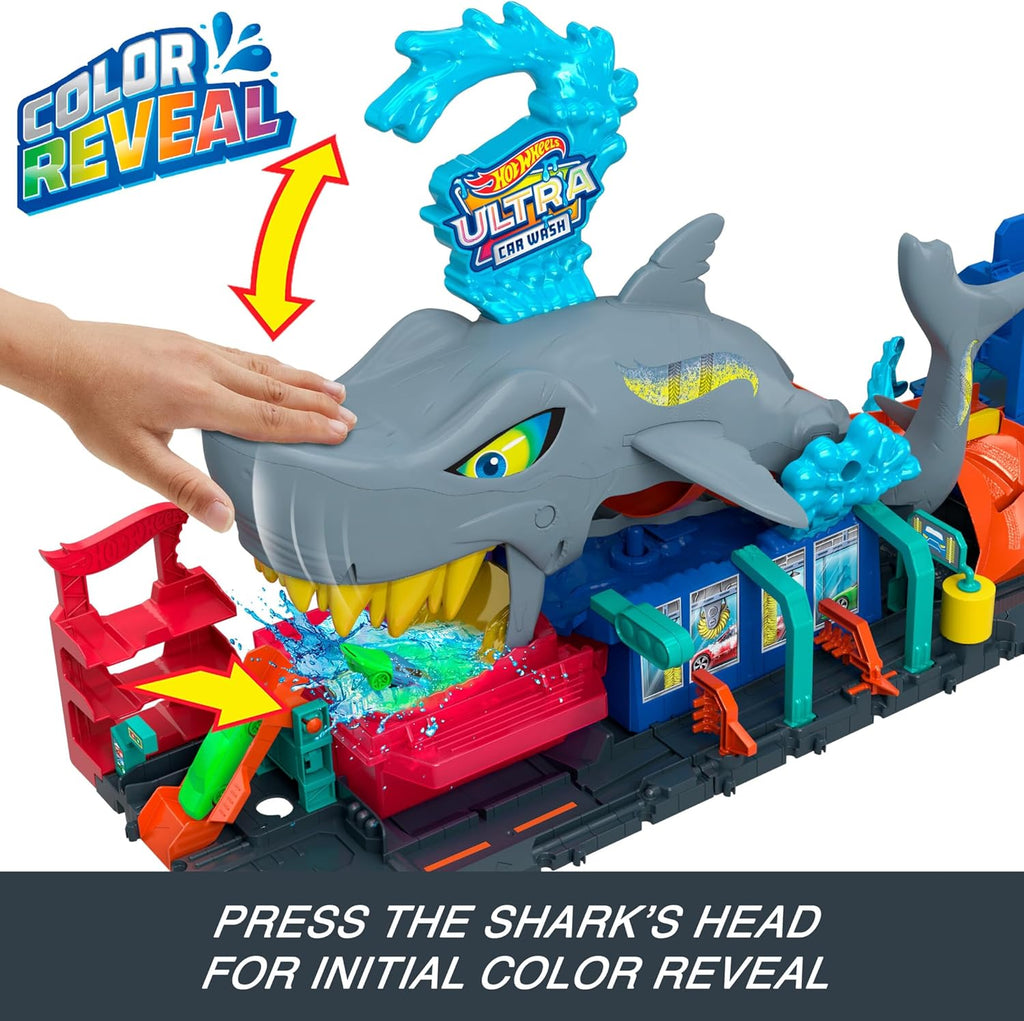 Hot Wheels City Ultra Shark Car Wash & Color Reveal Toy Vehicle | Includes 1:64 Scale Car with Surprise Initial Deco Reveal & Repeat Color Changes in Icy Cold or Very Warm Water, HTN82